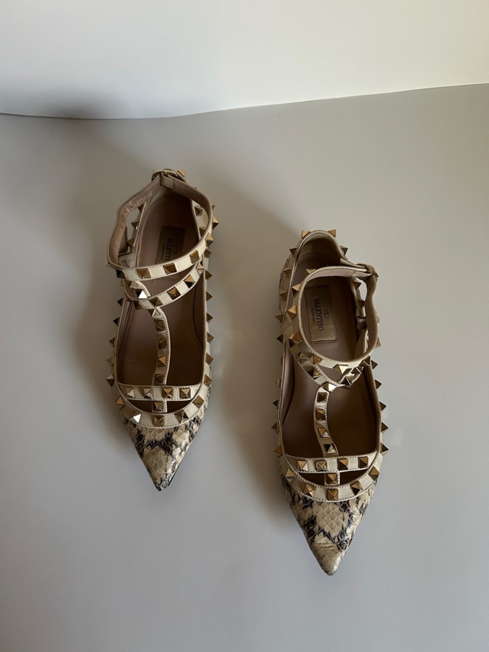 Valentino Beige Snakeskin Pointed Rockstud Flats